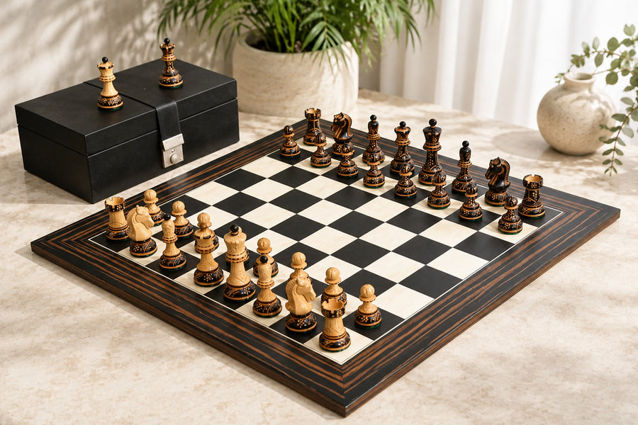 1950s' Reproduced Dubrovnik Bobby Fischer Chessmen Version 3.0 in Lacquer Finished Burnt & Natural Box Wood - 3.7" King with Board & Box