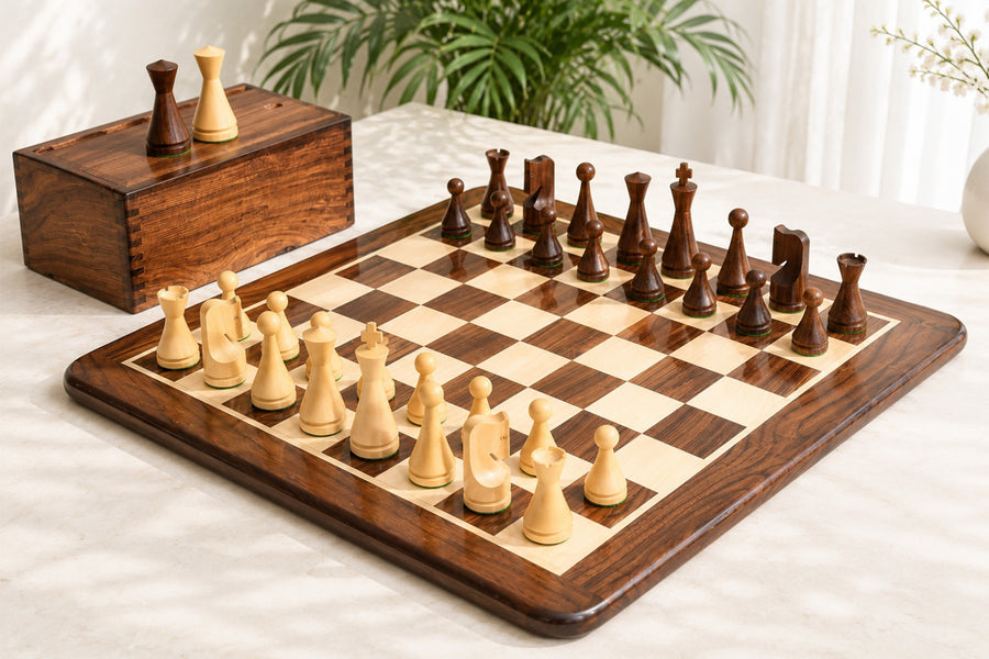Classic Cone Shaped Chess Pieces in Sheesham Wood with Wooden Chess Board and Storage Box