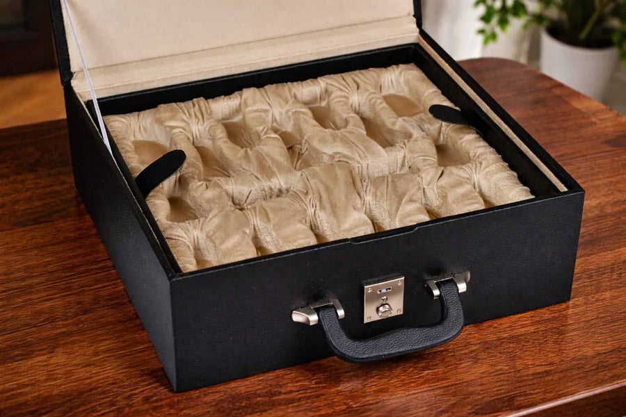 Leatherette Chess Storage Coffer Double Tray Fixed Slots 4.2"-4.8" Chess Pieces