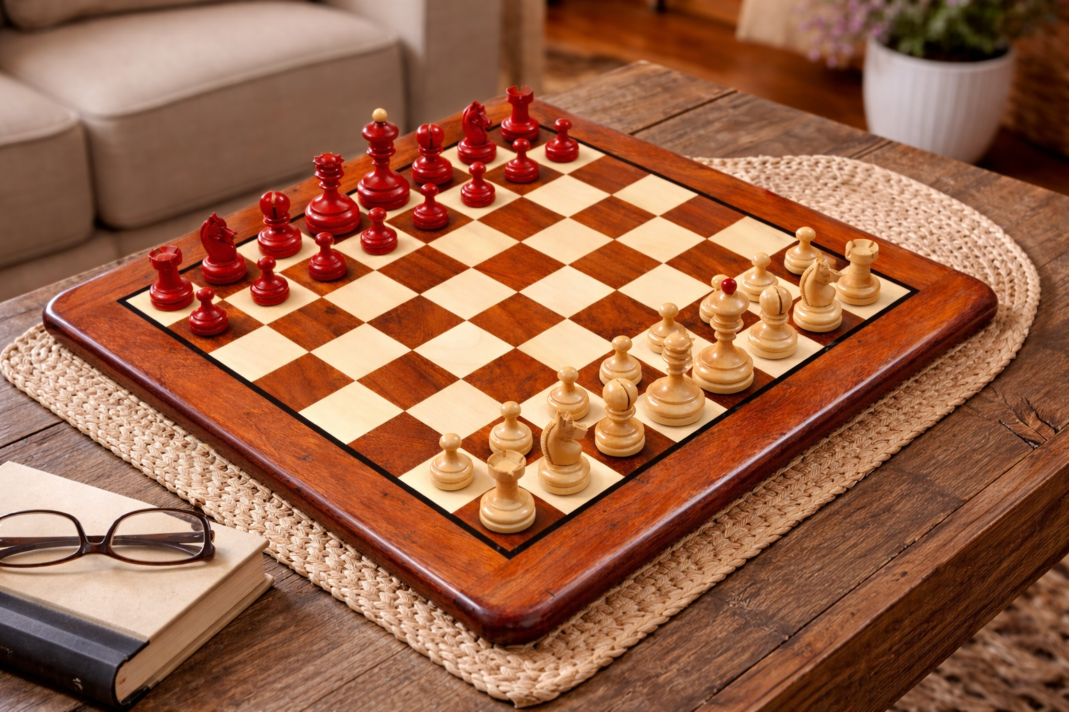 Repro Vintage 1930 German Knubbel Chess Set in Stained Crimson / Boxwood  - 3" King with Board