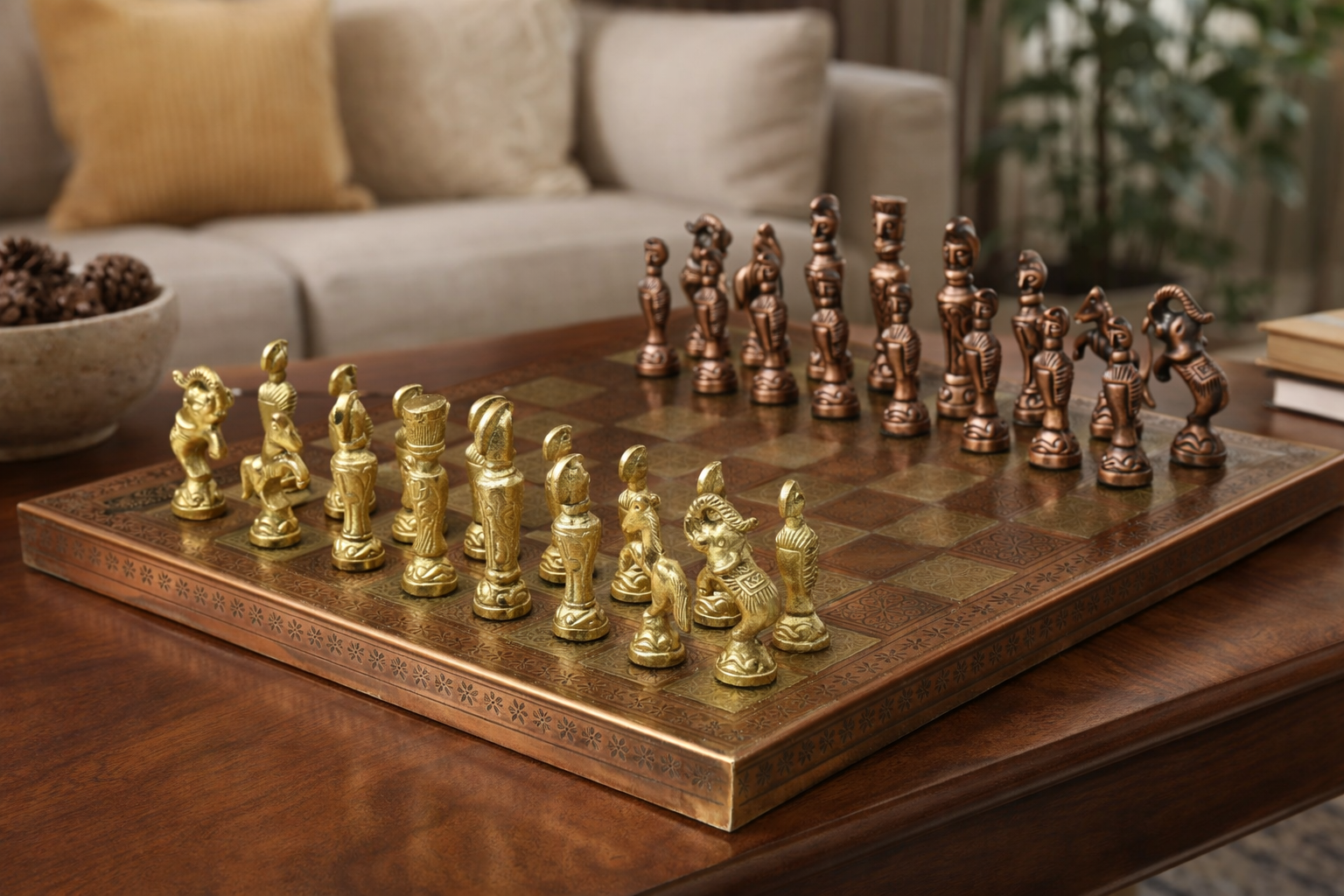 Brass Chess Set Handmade Antique Finish Vintage Style Figure Chess Set in Antique Brass & Gold Color