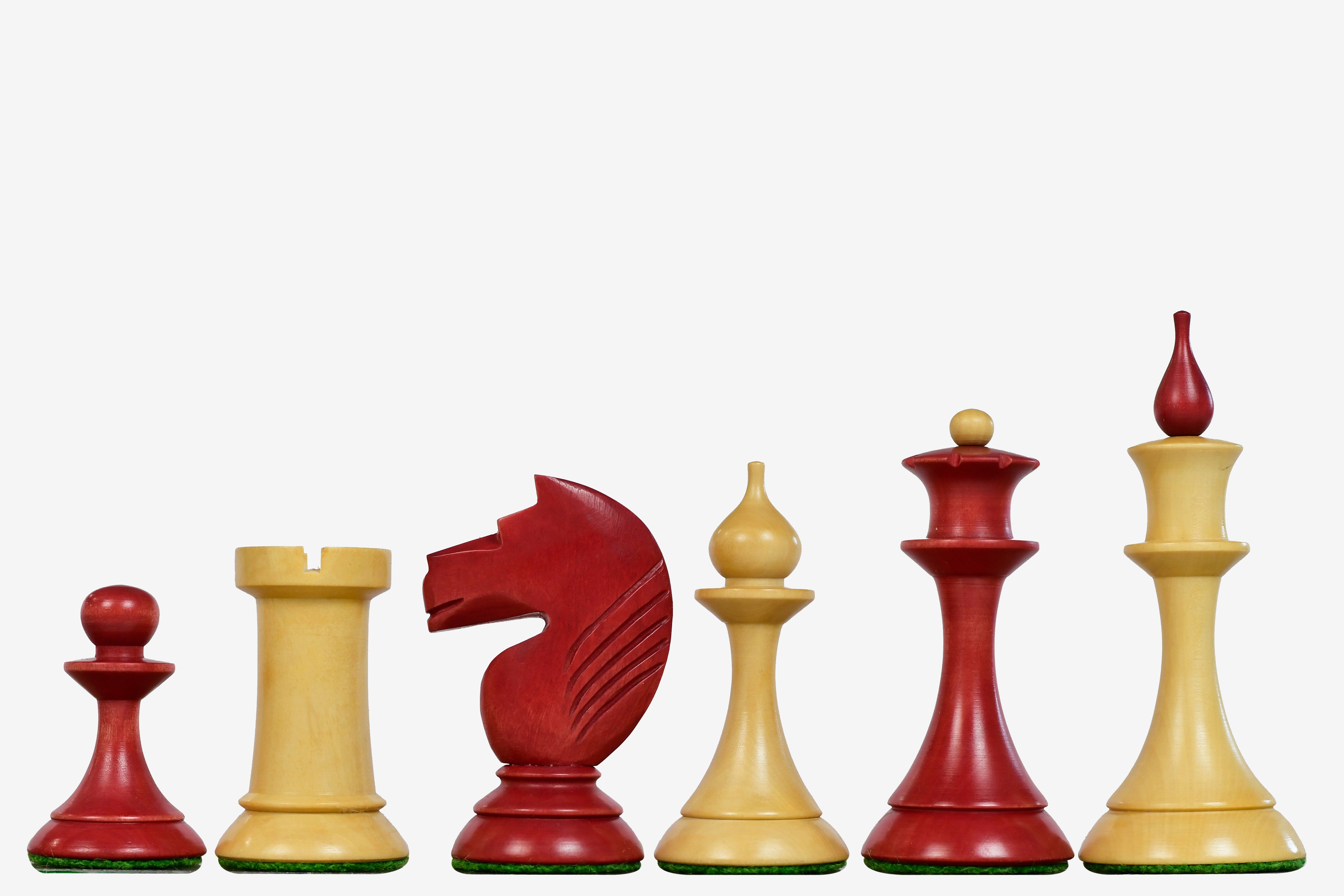 Combo of The 1950s Soviet (Russian) Latvian Reproduced Chess Pieces in Stained Crimson & Natural Boxwood - 4.1" King with Wooden Chess Board - 21"