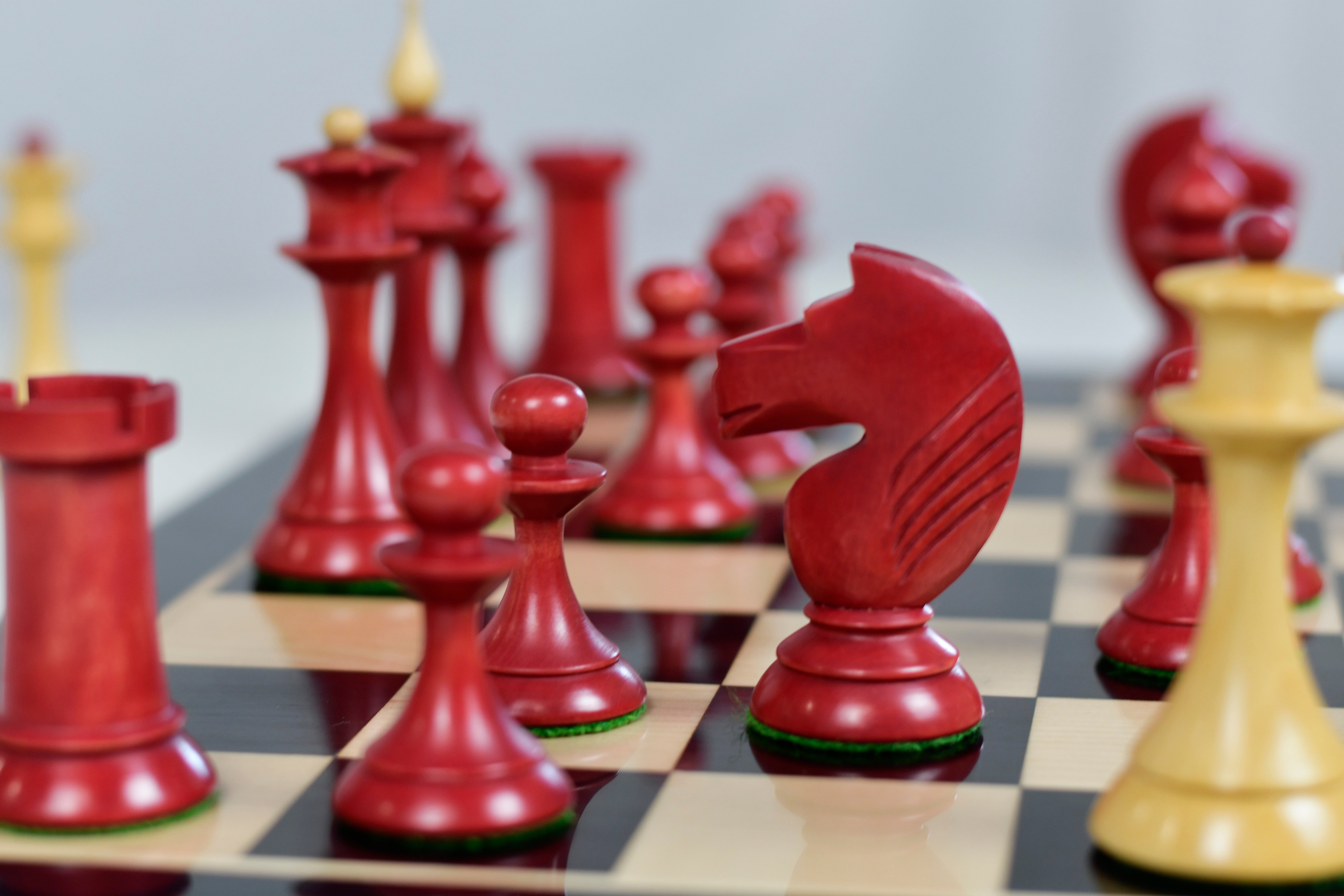 1950s Soviet Latvian Chess Pieces in Stained Crimson Boxwood 4.1