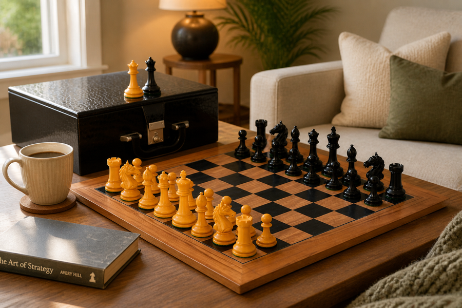 Ancient Indian Warrior Luxury Series Chess Pieces in Ebony / Antiqued Boxwood - 4" King with Board & Box