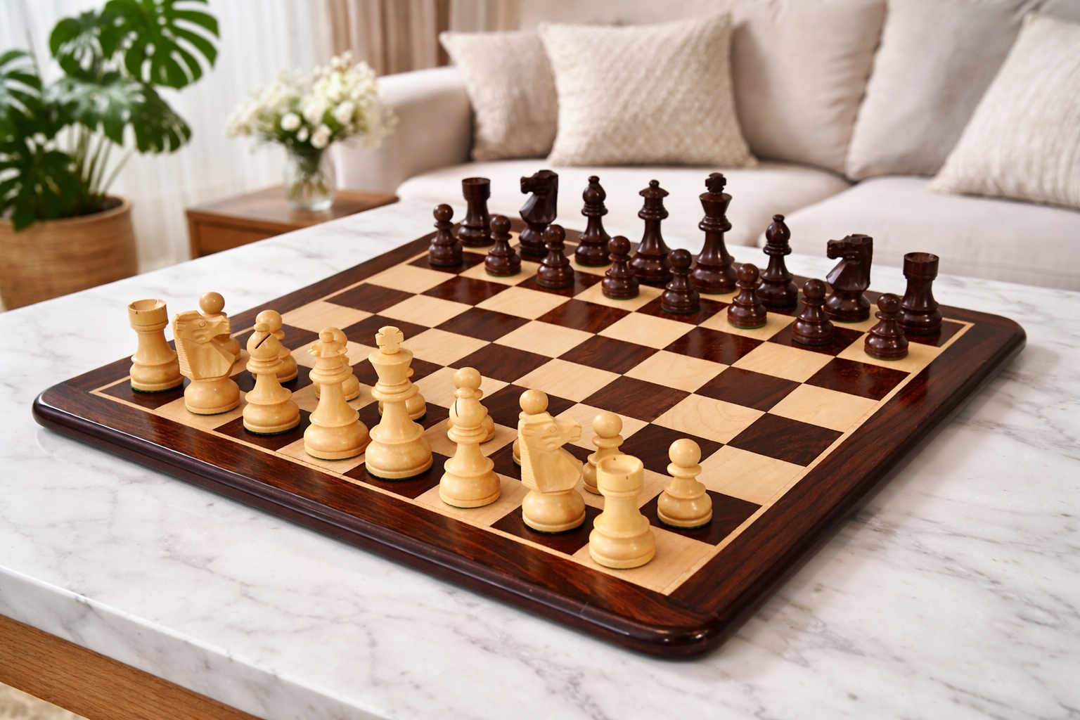 Repro French Lardy Tournament Chess Pieces in Indian Rosewood/Boxwood - 3.75" with Board