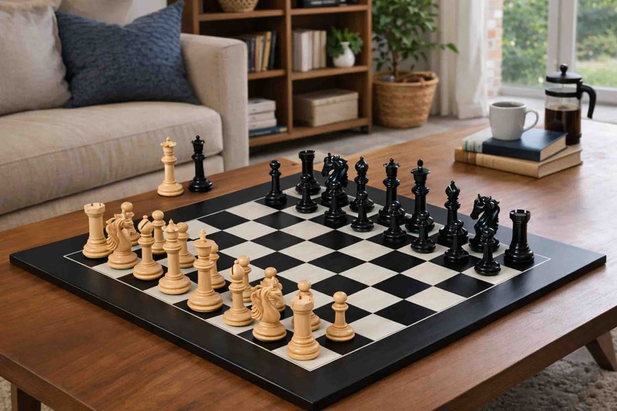 French Warrior Luxury Chess Set in Ebony wood & Boxwood - 4.9" King with Black Anigre Chessboard