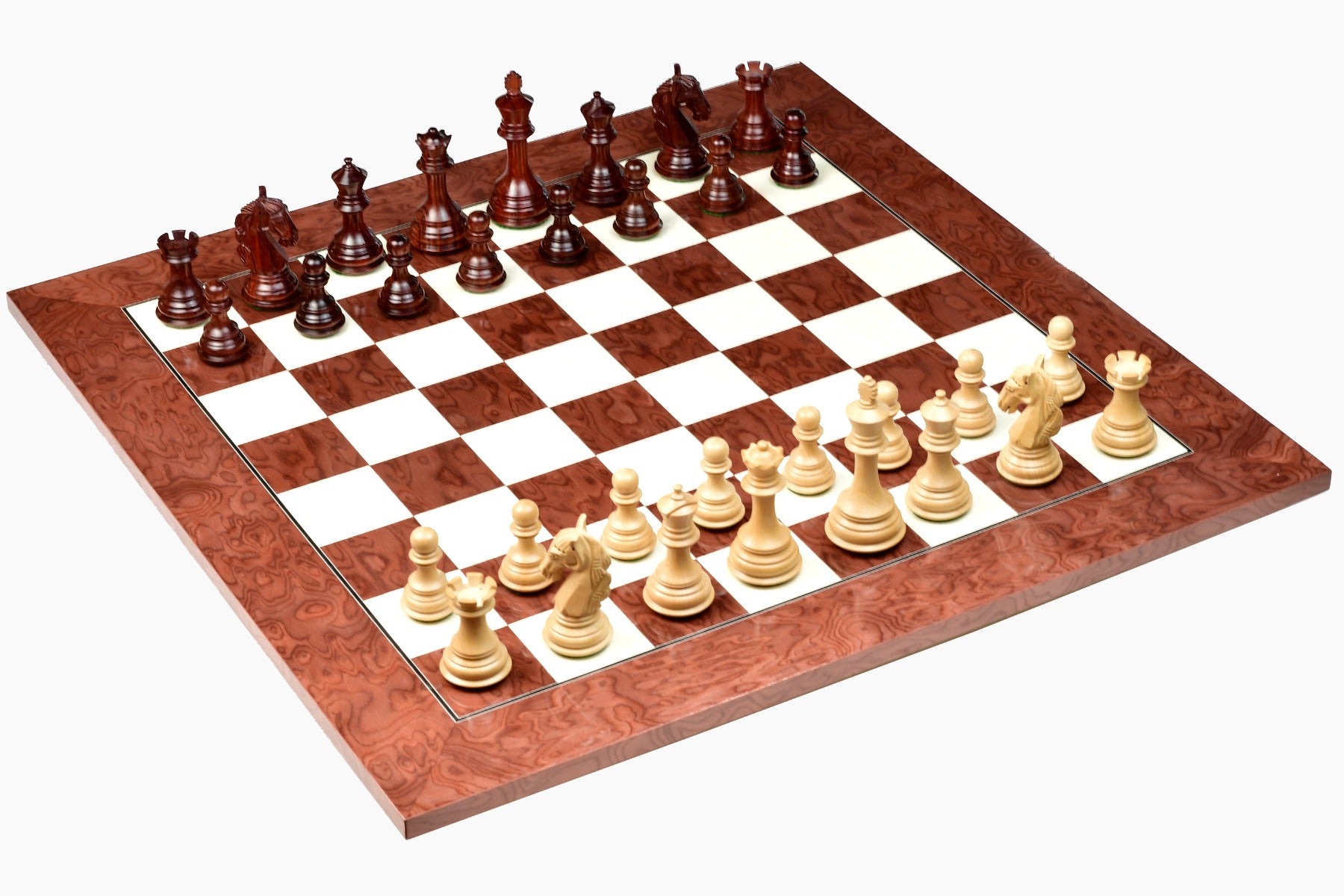 Columbian Chess Pieces in Bud Rosewood/Boxwood- 3.8" King with Board & Box