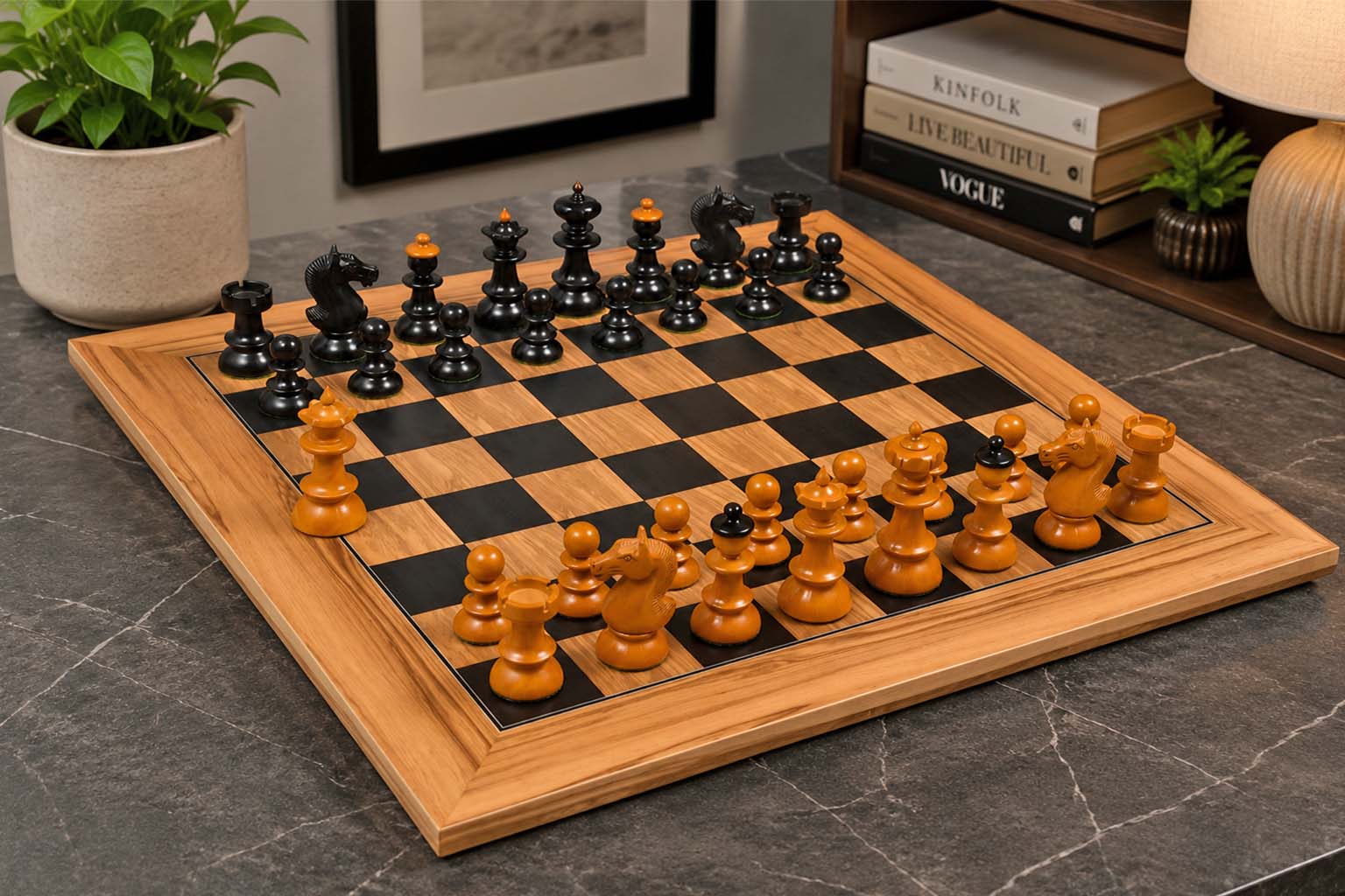 Repro Austrian Coffee House Old Vienna Pieces in Ebonized & Antique Boxwood V2.0- 3.75" King with Board