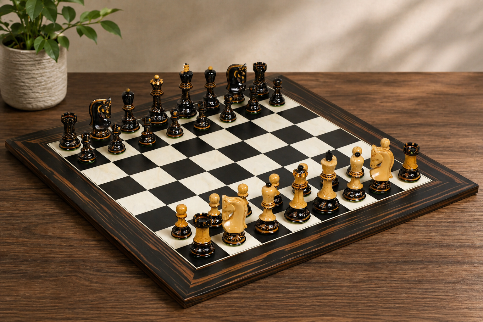 1959 Reproduced Russian Zagreb Staunton Series Chess Set in Burnt & Natural Boxwood & Tiger Ebony Maple Chess Board - 3.75" King