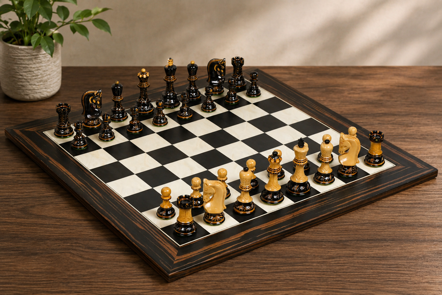 1959 Reproduced Russian Zagreb Staunton Series Chess Set in Burnt & Natural Boxwood & Tiger Ebony Maple Chess Board - 3.75" King