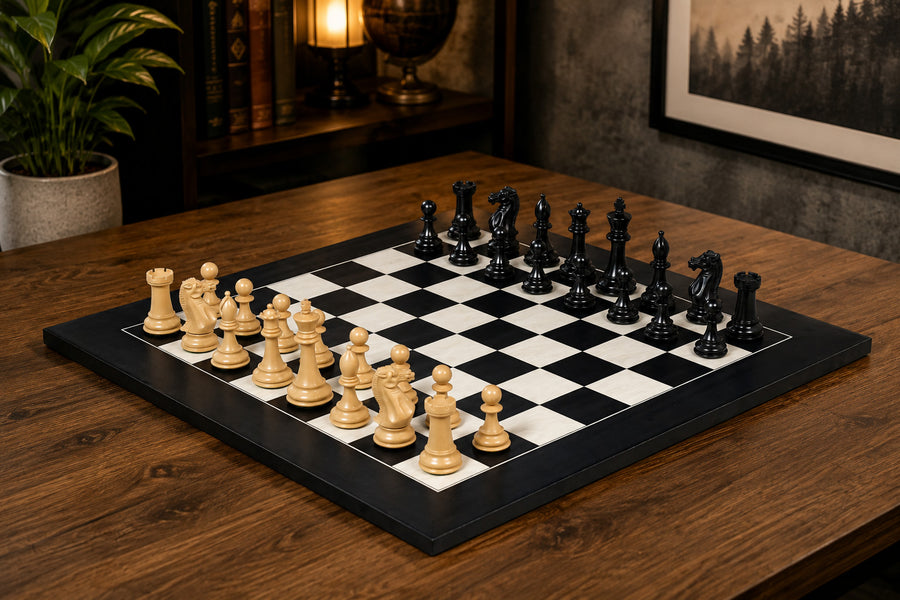 Dominator Chess Pieces in Ebony & Boxwood - 4.0" King with Black Anigre Chess Board