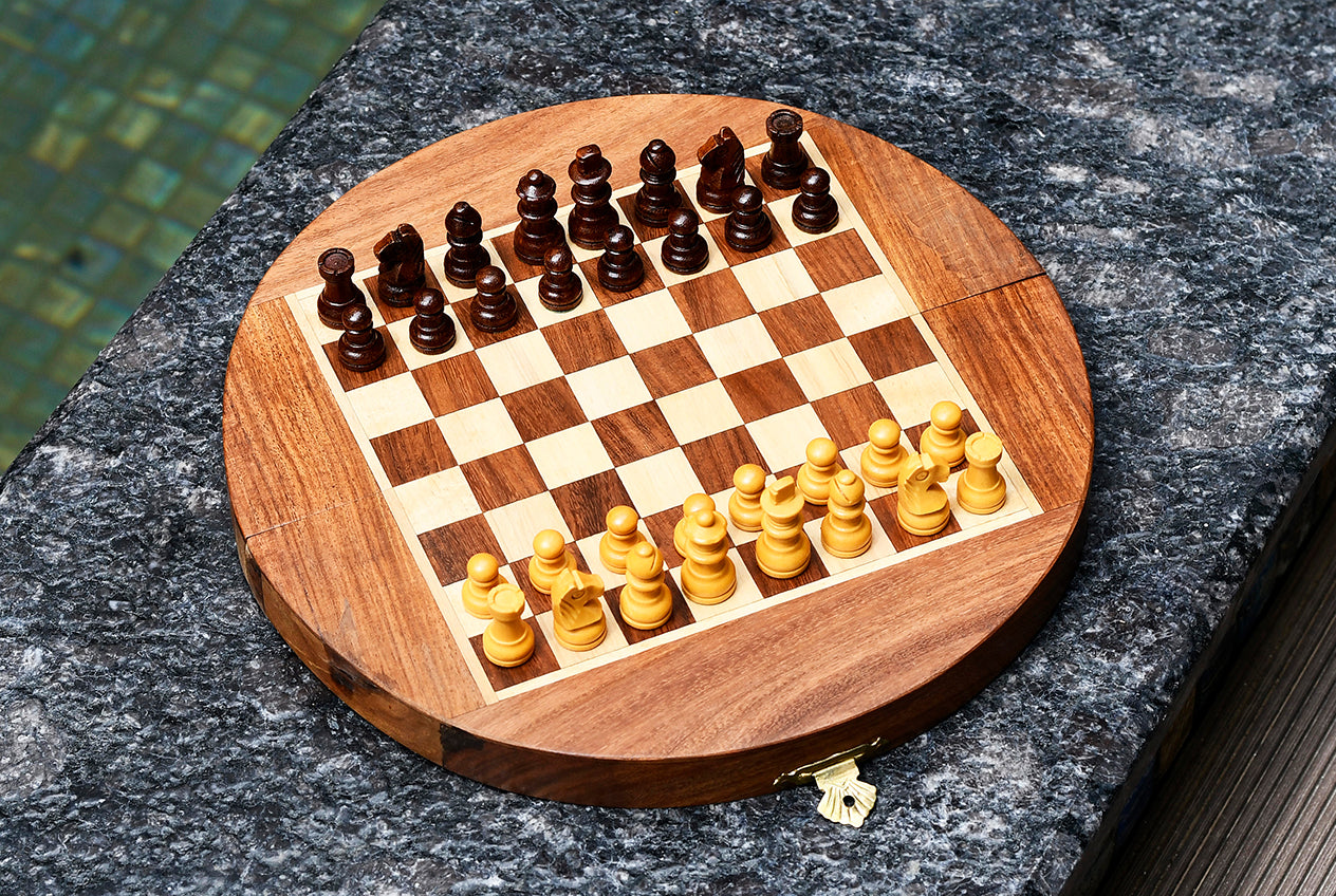Travel Series Folding Magnetic Round Shape Chess Set In Sheesham wood and Maple-8- 3/4"
