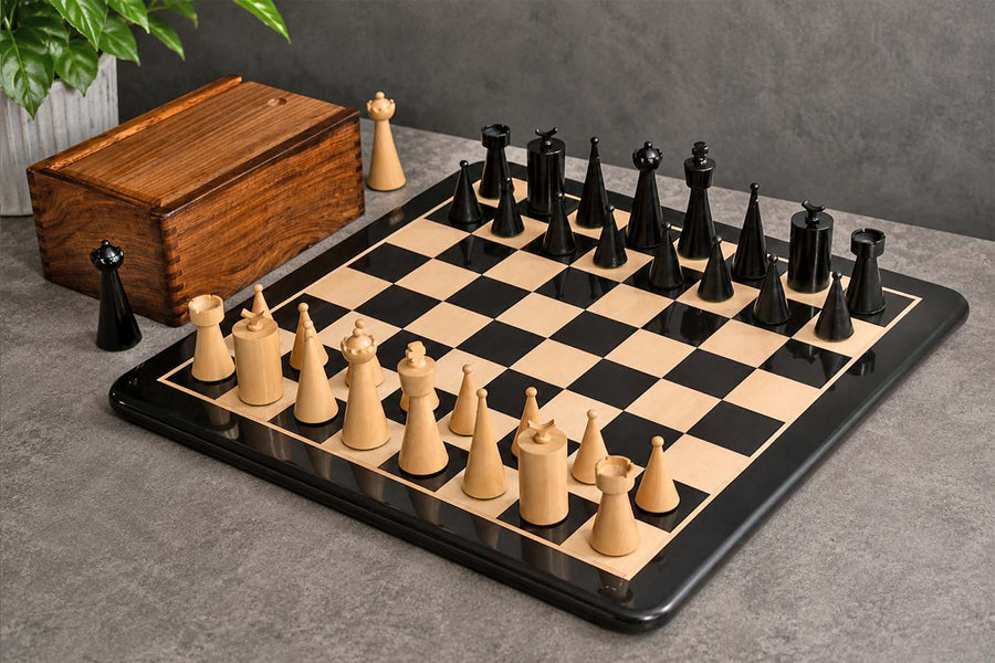 1940s Art Deco Series Chess Pieces Ebonized Boxwood  -3.8" King with Box & Board