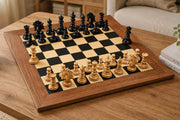 St. Petersburg Luxury Artisan Series Chess Pieces in Ebony / Box Wood - 4.2" King with Storage Box and Chess Board 24" - 60 mm