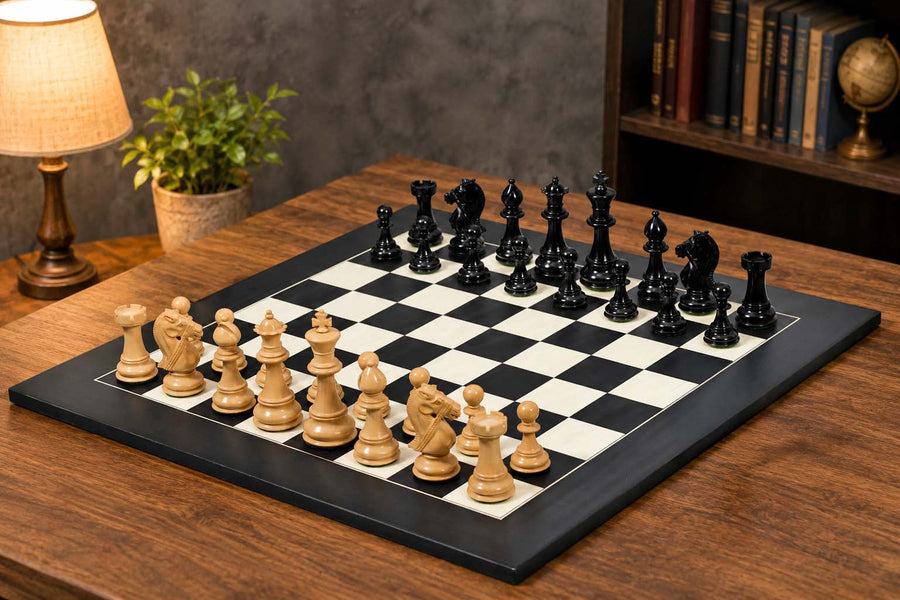 Bridle Series Chess Pieces Ebony & Boxwood 4.8" with Black Anigre Board