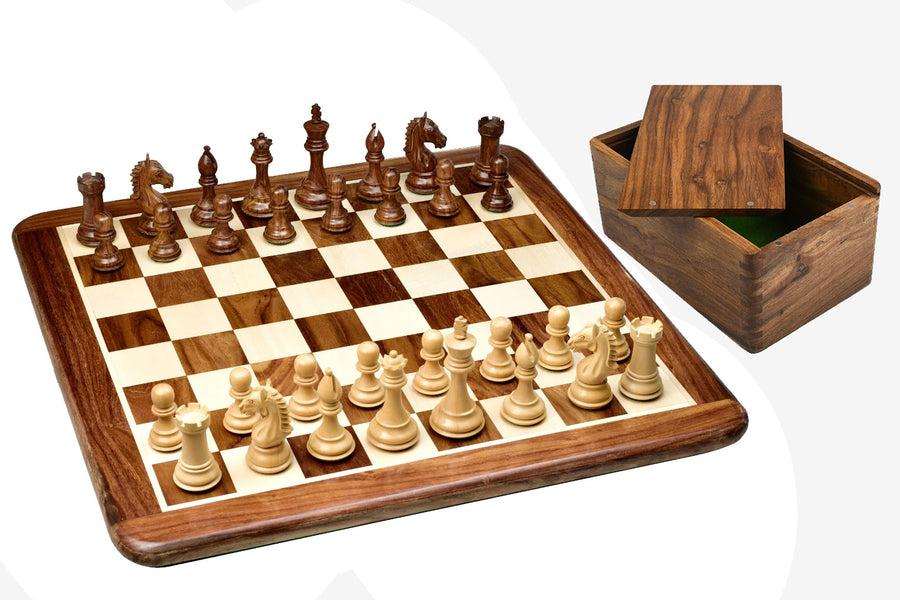 Derby Knight Staunton Chess Pieces in Sheesham/Boxwood With Board & Box- 4.1"King