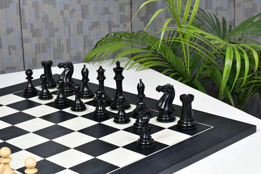 Dominator Chess Pieces in Ebony & Boxwood - 4.0" King with Black Anigre Chess Board