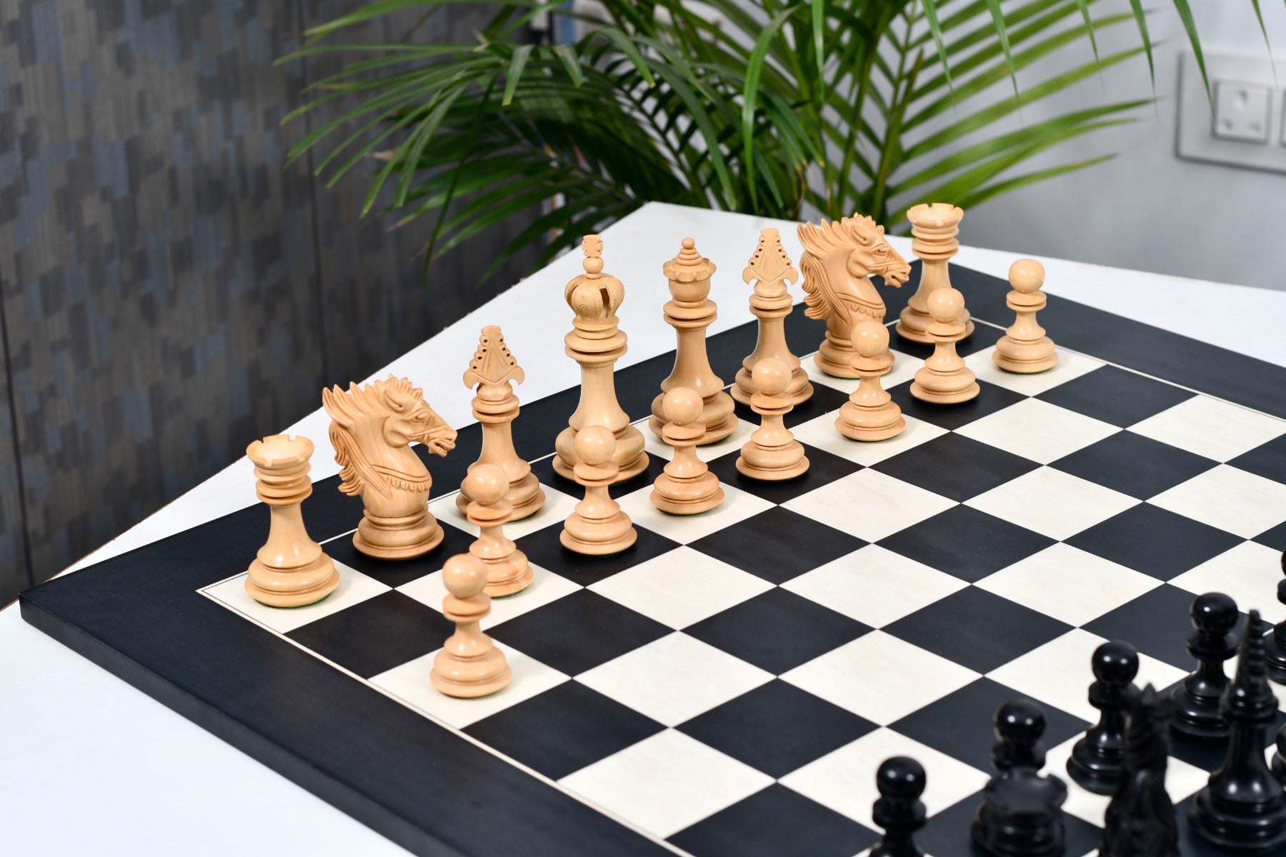 Combo of Dragon Series Chess Pieces in Ebony / Box Wood & Black Anigre Maple Matte Finish Chess Board - 4.7" King