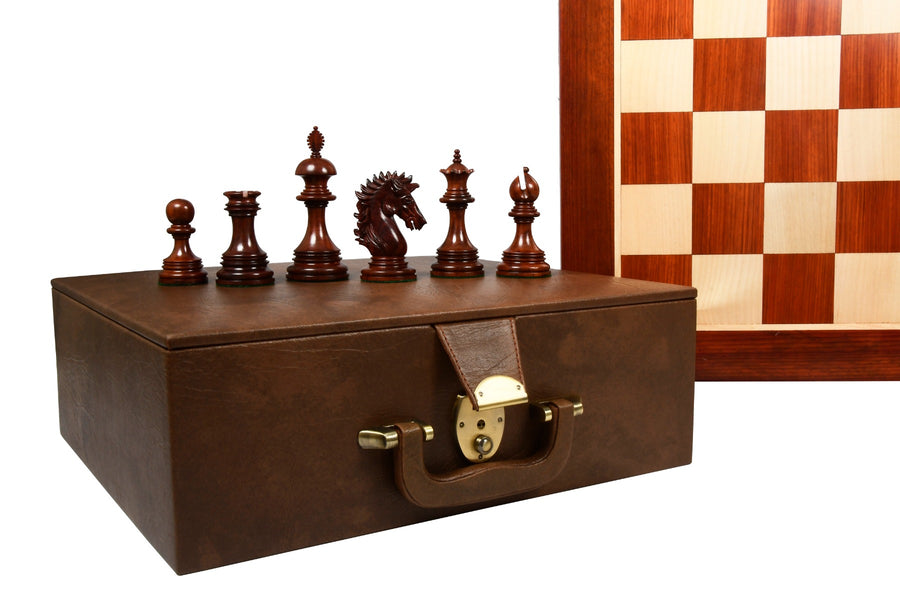 Combo of New Indian-American Luxury Series Triple Weighted Chess Pieces in Bud Rosewood (Padauk) / Box Wood - 4.4" King with Chess Board and Storage Box