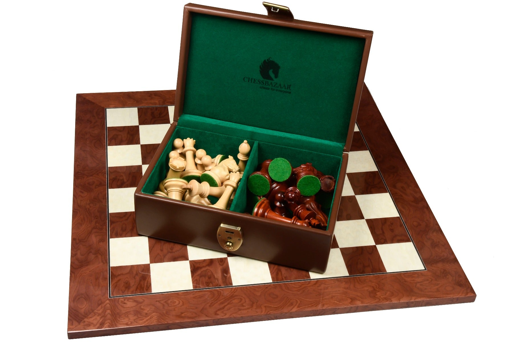Combo of The GM Blitz Edition Staunton Series Chess Pieces in Bud Rosewood & Box Wood - 3.75" King with Storage Box and Wooden Chess Board 22"