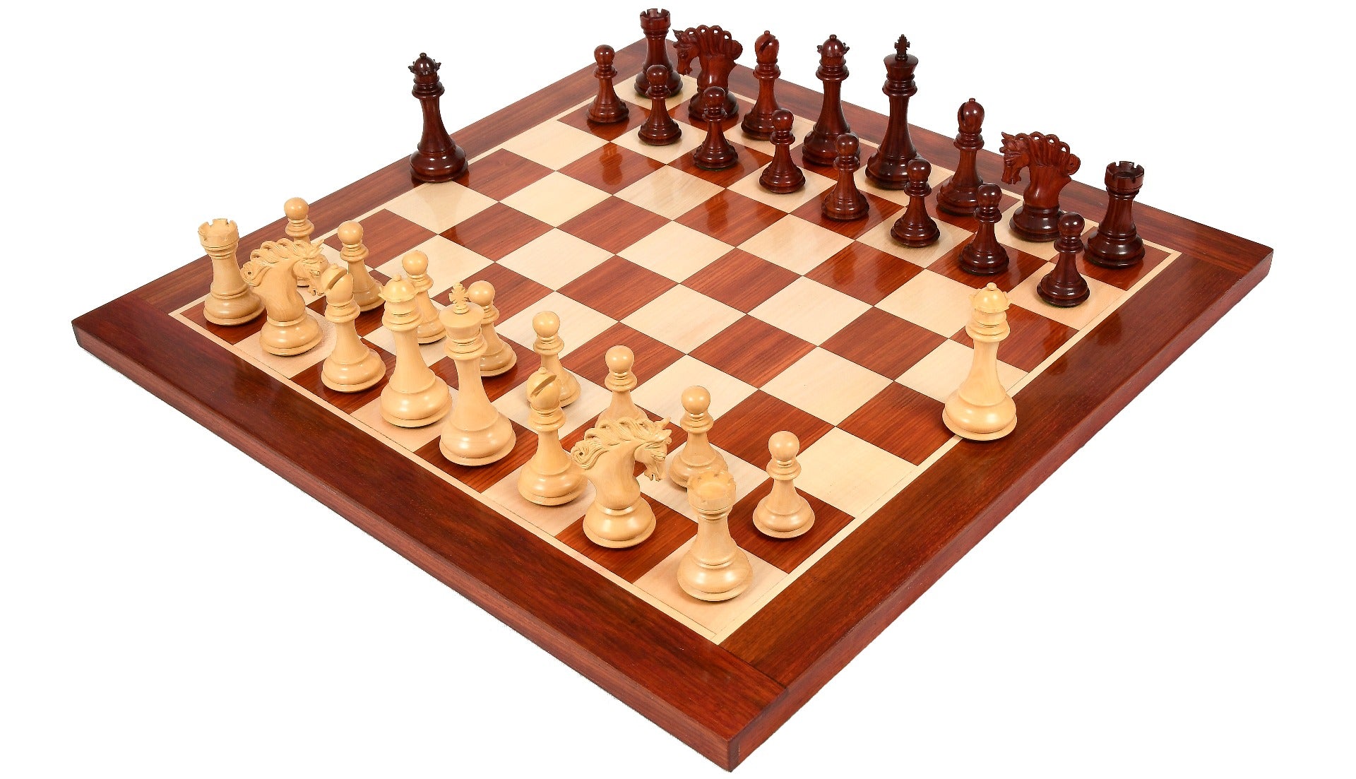 Pegasus Series Artisan Staunton Chess Pieces version 2.0 in Bud Rosewood (Padauk) Wood / Boxwood - 4.6" King with Wooden Chess Board