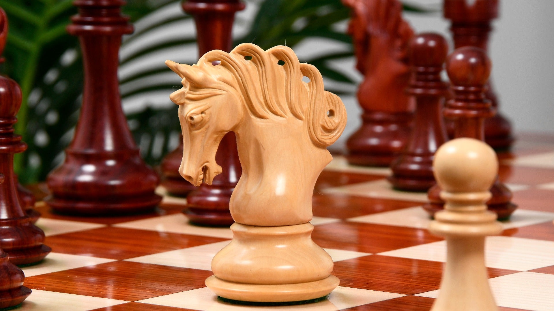 Pegasus Series Artisan Staunton Chess Pieces version 2.0 in Bud Rosewood (Padauk) Wood / Boxwood - 4.6" King with Wooden Chess Board