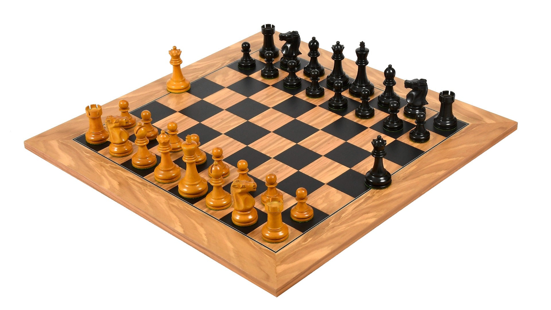 Combo of 1972 Fischer-Spassky Pattern Chess Set in Ebonized Boxwood/ Antiqued Boxwood 3.75" King with Black Dyed Poplar/ Olive/ Chess Board