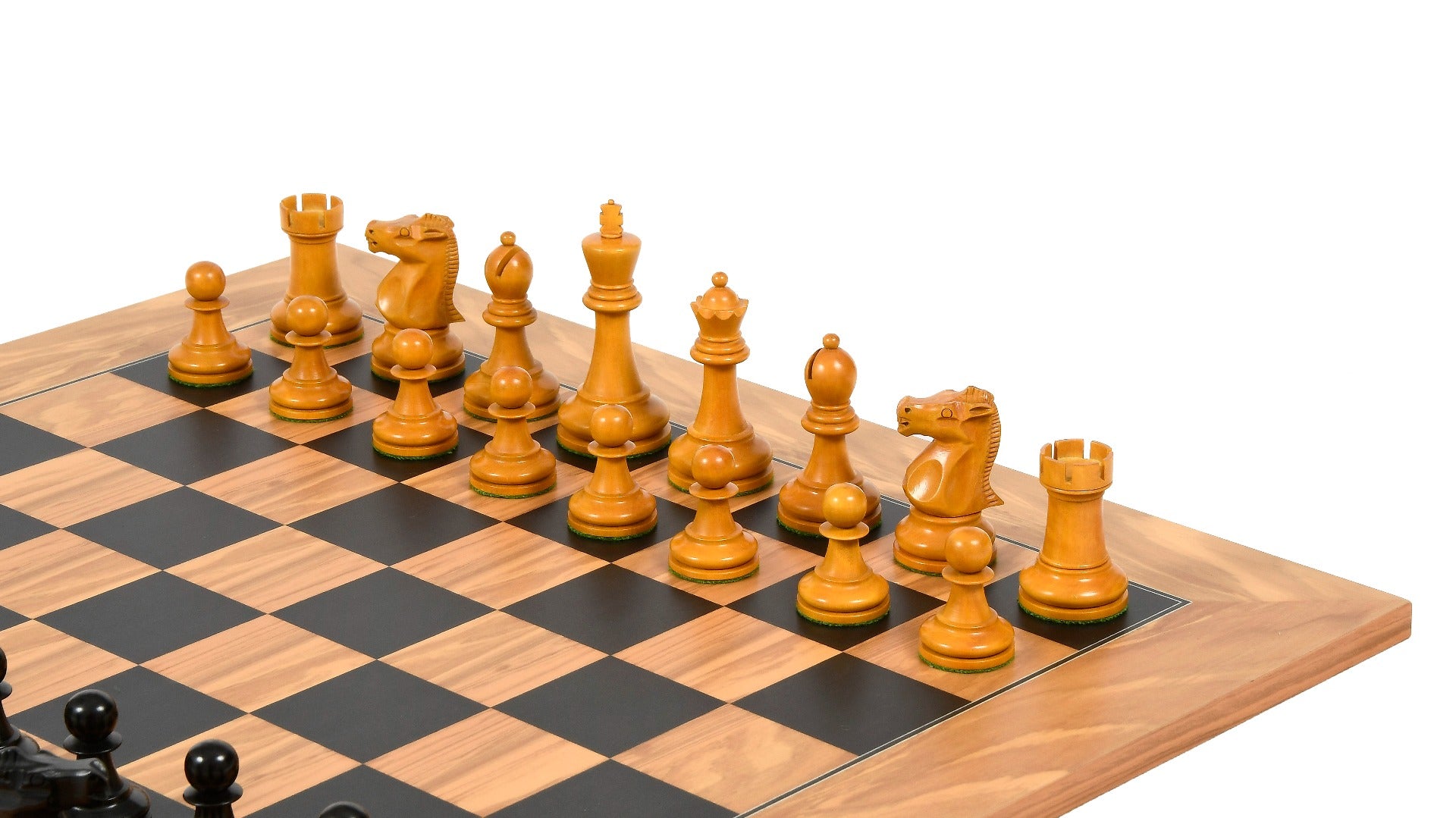 Combo of 1972 Fischer-Spassky Pattern Chess Set in Ebonized Boxwood/ Antiqued Boxwood 3.75" King with Black Dyed Poplar/ Olive/ Chess Board