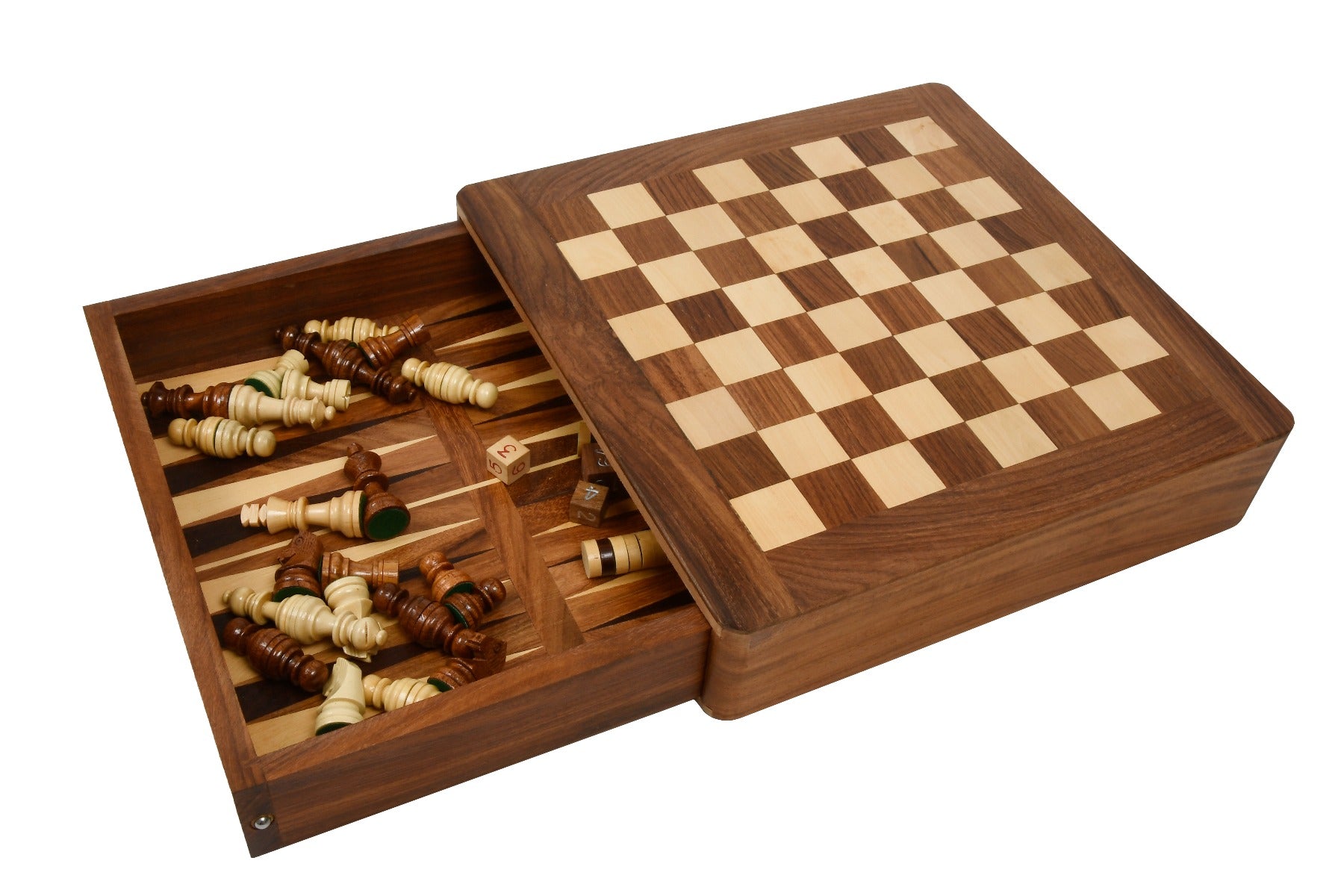 Affordable Compact Magnetic Travel Chess Set Sheesham & Boxwood Dice | CHESSBAZAAR