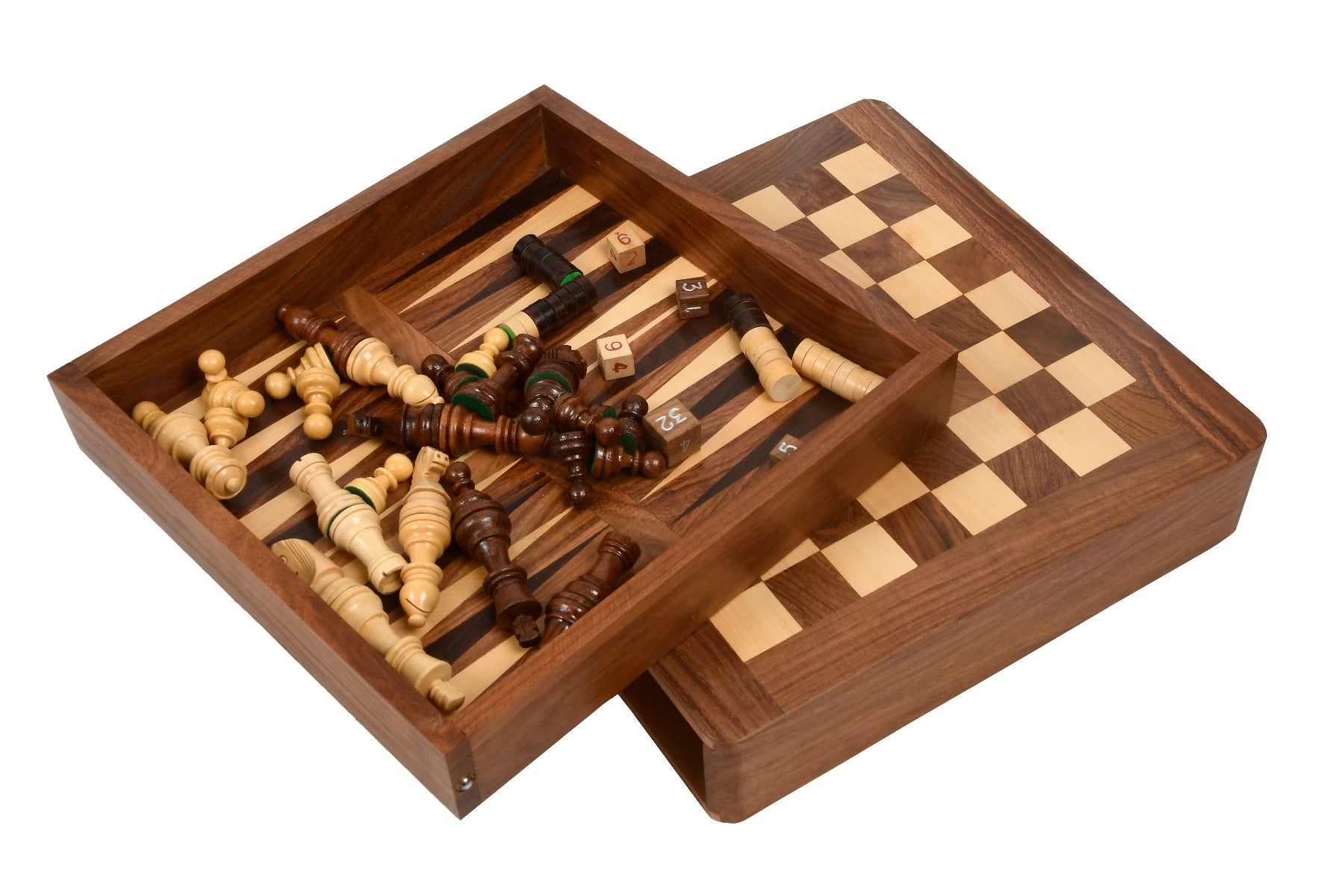 Compact Travel Series Magnetic Chess Set – Sheesham & Boxwood with Dice & Stones | Slight Imperfections
