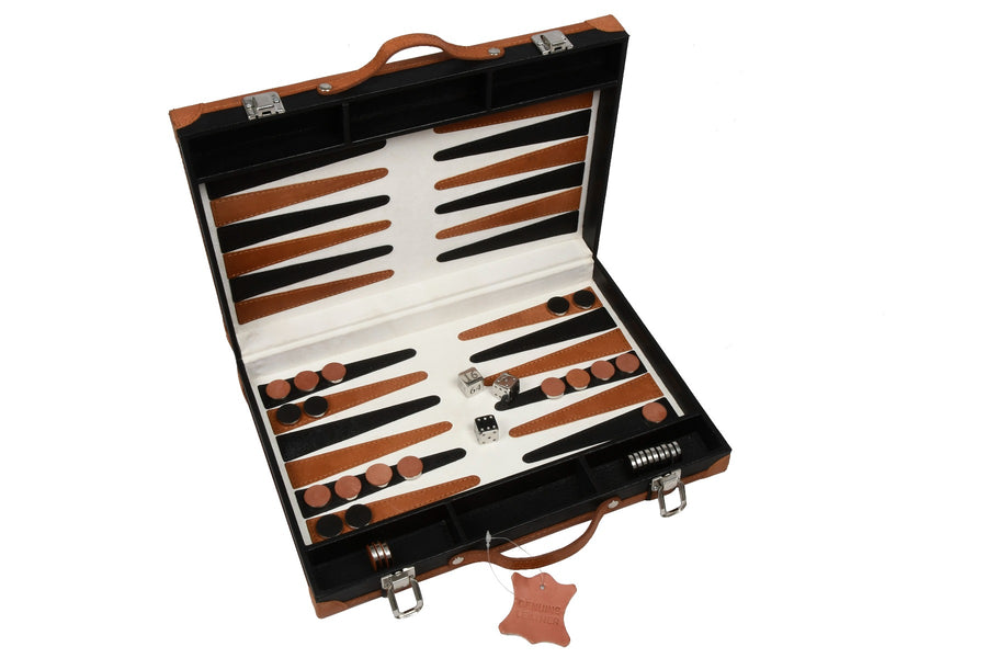 Genuine Leather Folding Backgammon Set in Black & Brown Color