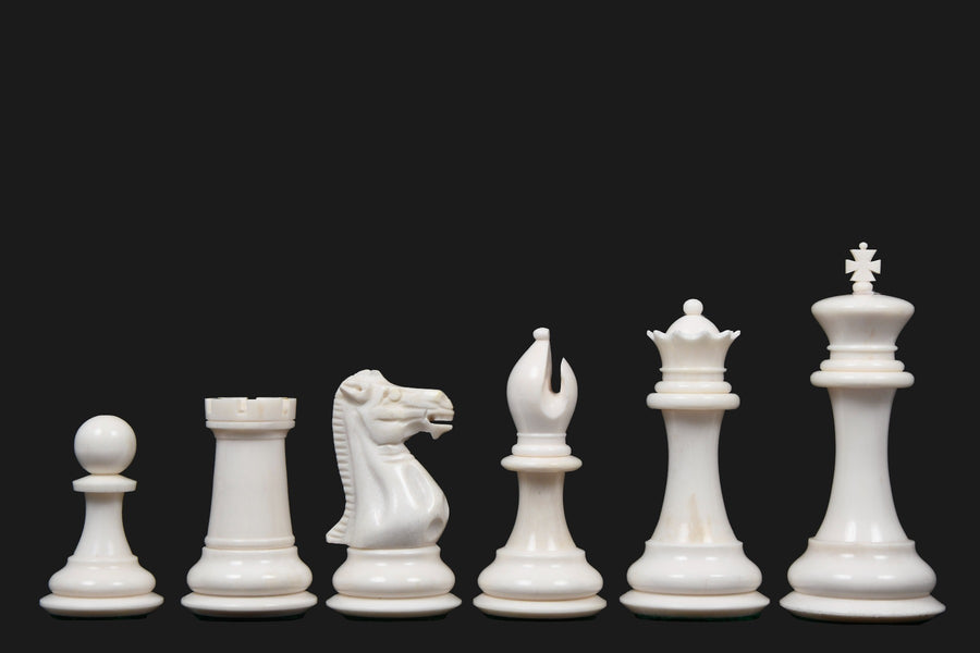 Reproduced 1849 Staunton Pattern Camel Bone Chess Set in Black Dyed & Bleached White - 3.7" King