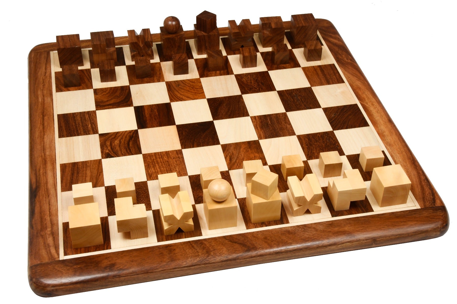 Repro 1924 Bauhaus Geometrical Chessmen in Sheesham Boxwood - 1.9" King with Board