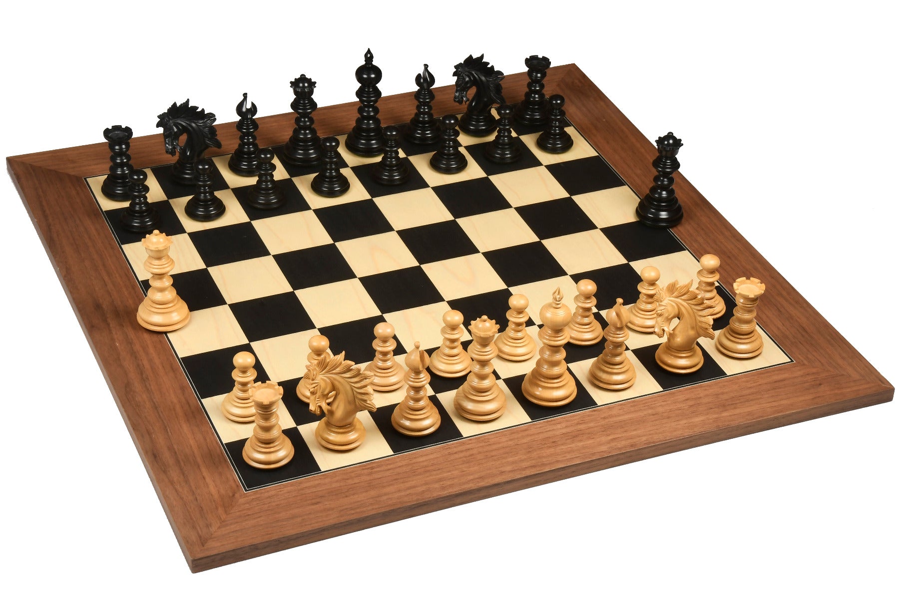 St. Petersburg Luxury Artisan Series Chess Pieces in Ebony / Box Wood - 4.2" King with Storage Box and Chess Board 24" - 60 mm