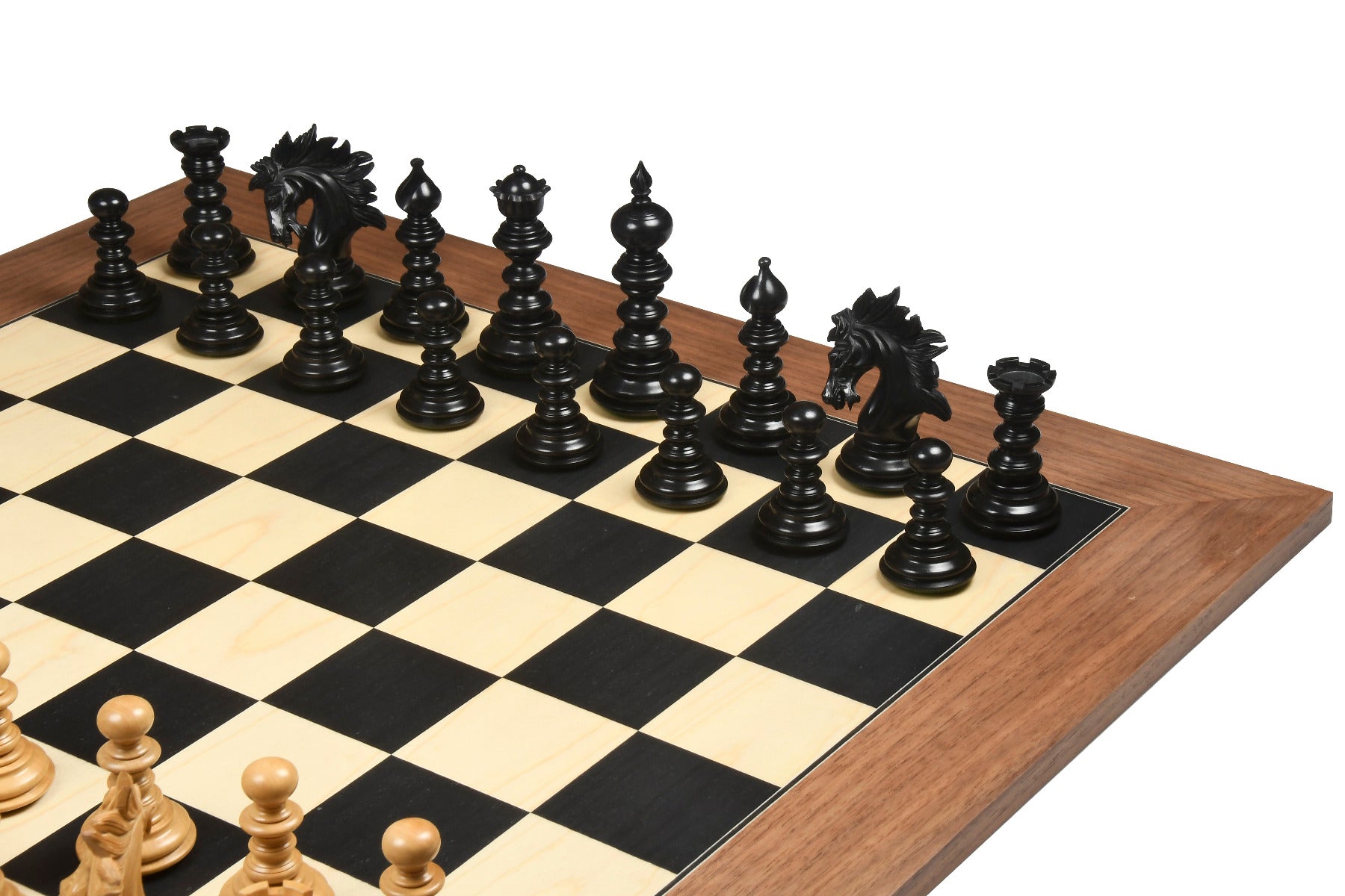 St. Petersburg Luxury Artisan Series Chess Pieces in Ebony / Box Wood - 4.2" King with Storage Box and Chess Board 24" - 60 mm