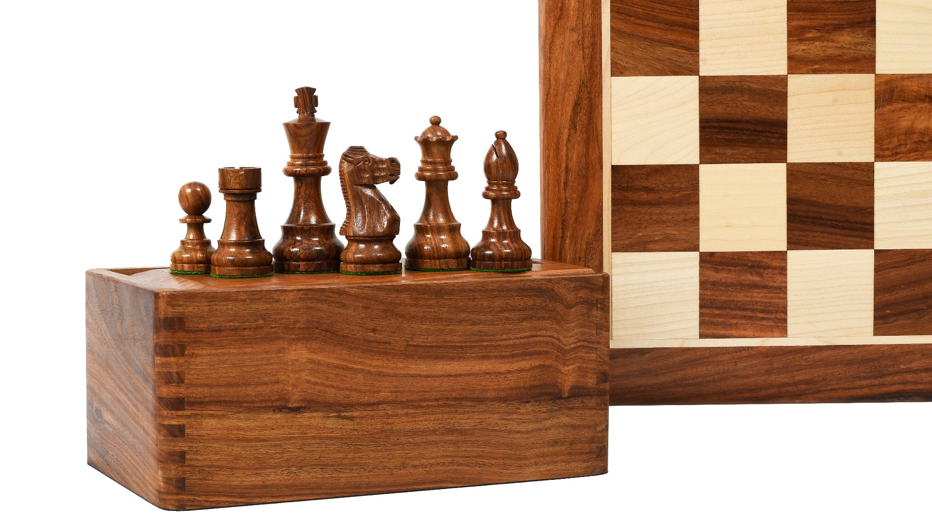 The Single Staunton Series Chess Pieces in Sheesham & Box Wood with Wooden Board & Storage Box - 3.8" King