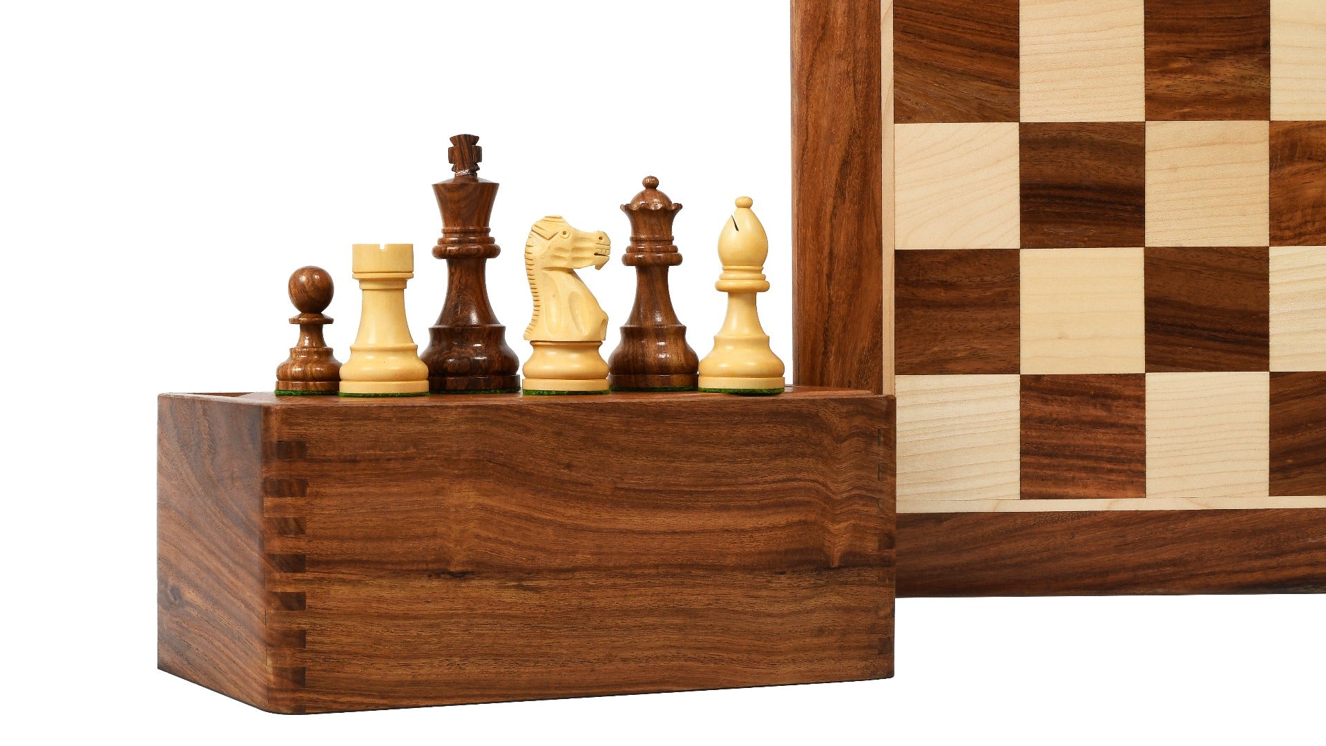 The Single Staunton Series Chess Pieces in Sheesham & Box Wood with Wooden Board & Storage Box - 3.8" King