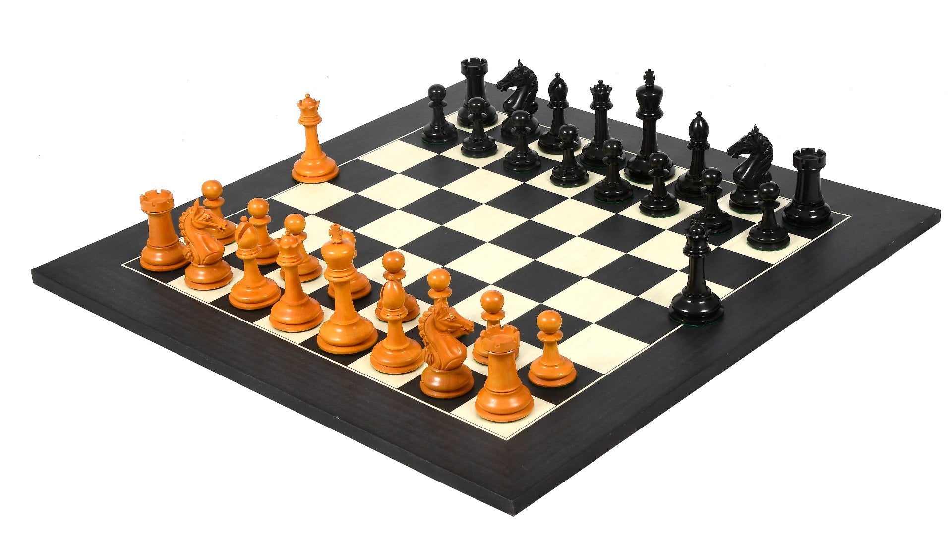 Combo of Ancient Indian Warrior Staunton Luxury Series Chess Pieces in Ebony / Antiqued Box Wood - 4" King with Wooden Chess Board 24" - 60 mm