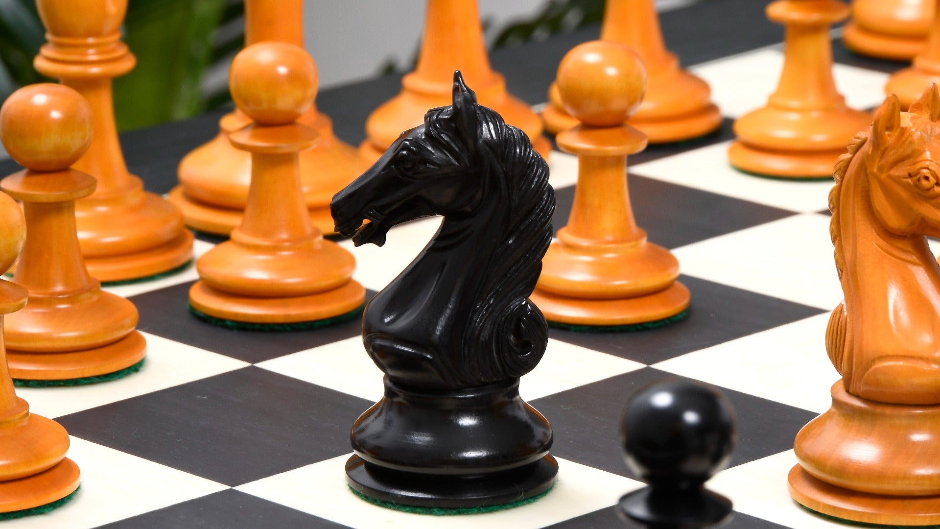 Combo of Ancient Indian Warrior Staunton Luxury Series Chess Pieces in Ebony / Antiqued Box Wood - 4" King with Wooden Chess Board 24" - 60 mm