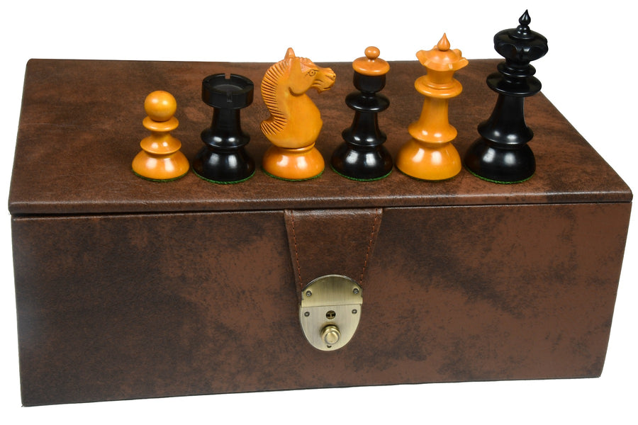 Combo of Vintage Series Original Austrian Coffee House Old Vienna Chess Pieces in Ebonized and Antique Boxwood V2.0- 3.75" King with Chess Pieces Storage Box