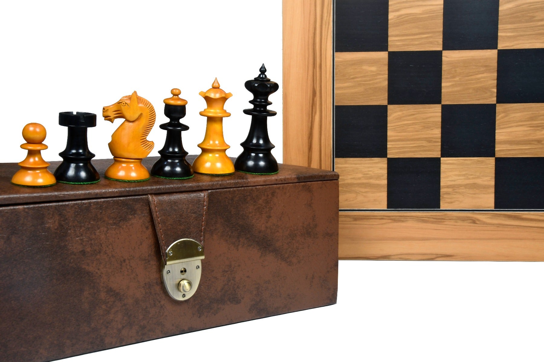 Repro Austrian Coffee House Old Vienna Chess Pieces in Ebonized & Antique Boxwood V2.0- 3.75" King with Board & Box