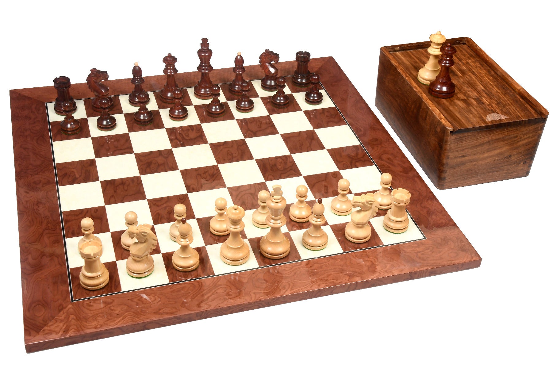 1950's Circa Bohemia Series Chess Pieces in Bud Rosewood & Boxwood with Board & Box- 3.89" King