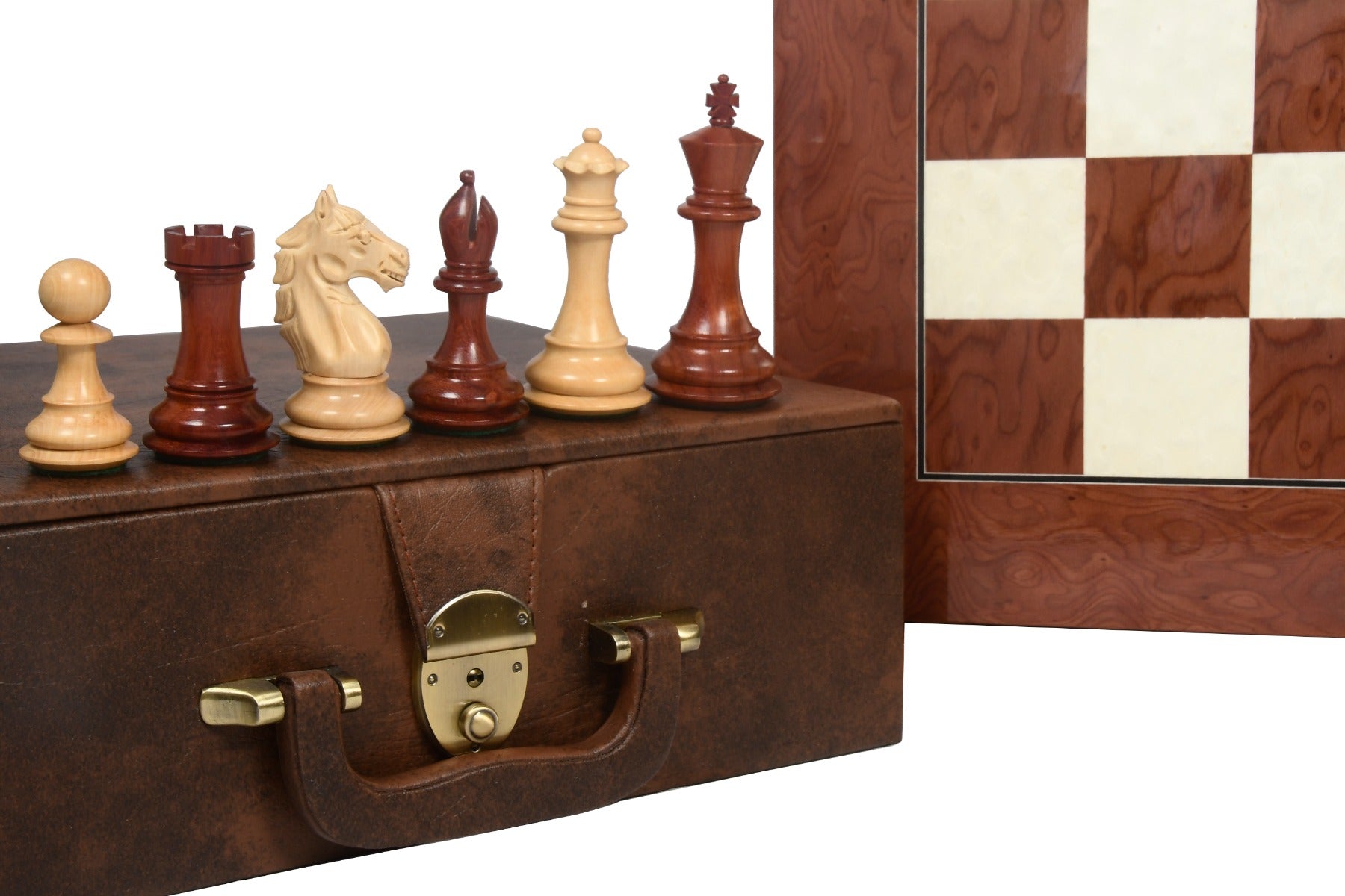 Combo Alban Series Wooden Chess Pieces in Bud Rose Wood & Box Wood - 4.0" King with Board & Storage Box