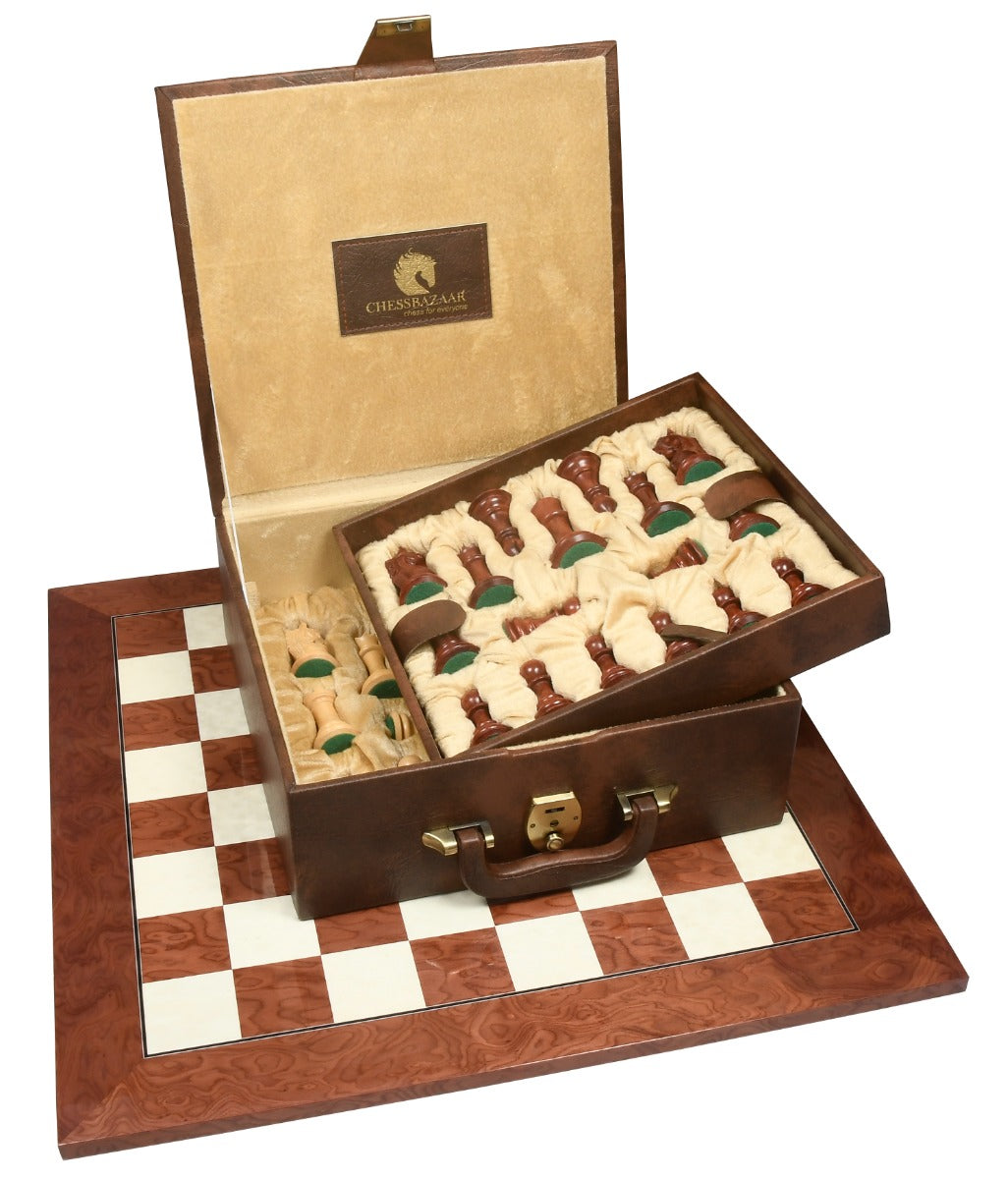 Combo Alban Series Wooden Chess Pieces in Bud Rose Wood & Box Wood - 4.0" King with Board & Storage Box