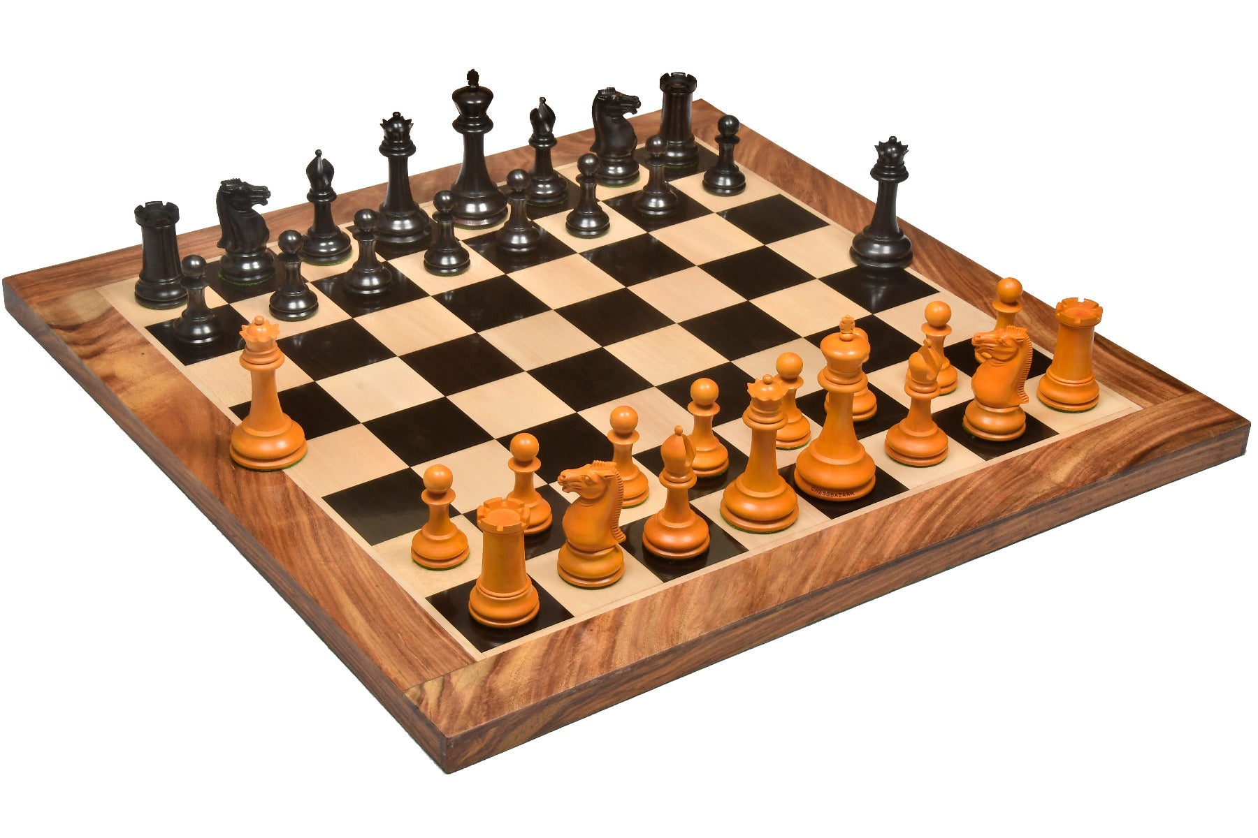 Repro Antique 1860 Anderssen Drop Jaw Chess Pieces in Ebony / Antiqued Boxwood with King Side Stamping - 4.5" King / Board