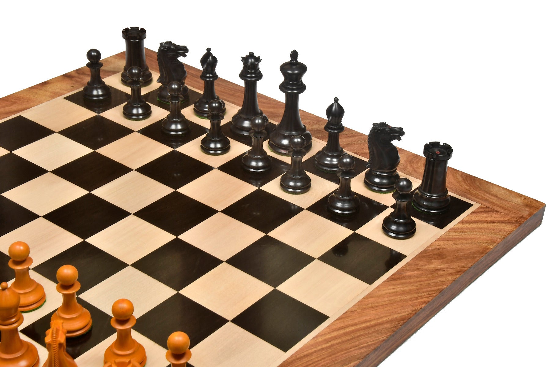 Repro Antique 1860 Anderssen Drop Jaw Chess Pieces in Ebony / Antiqued Boxwood with King Side Stamping - 4.5" King / Board