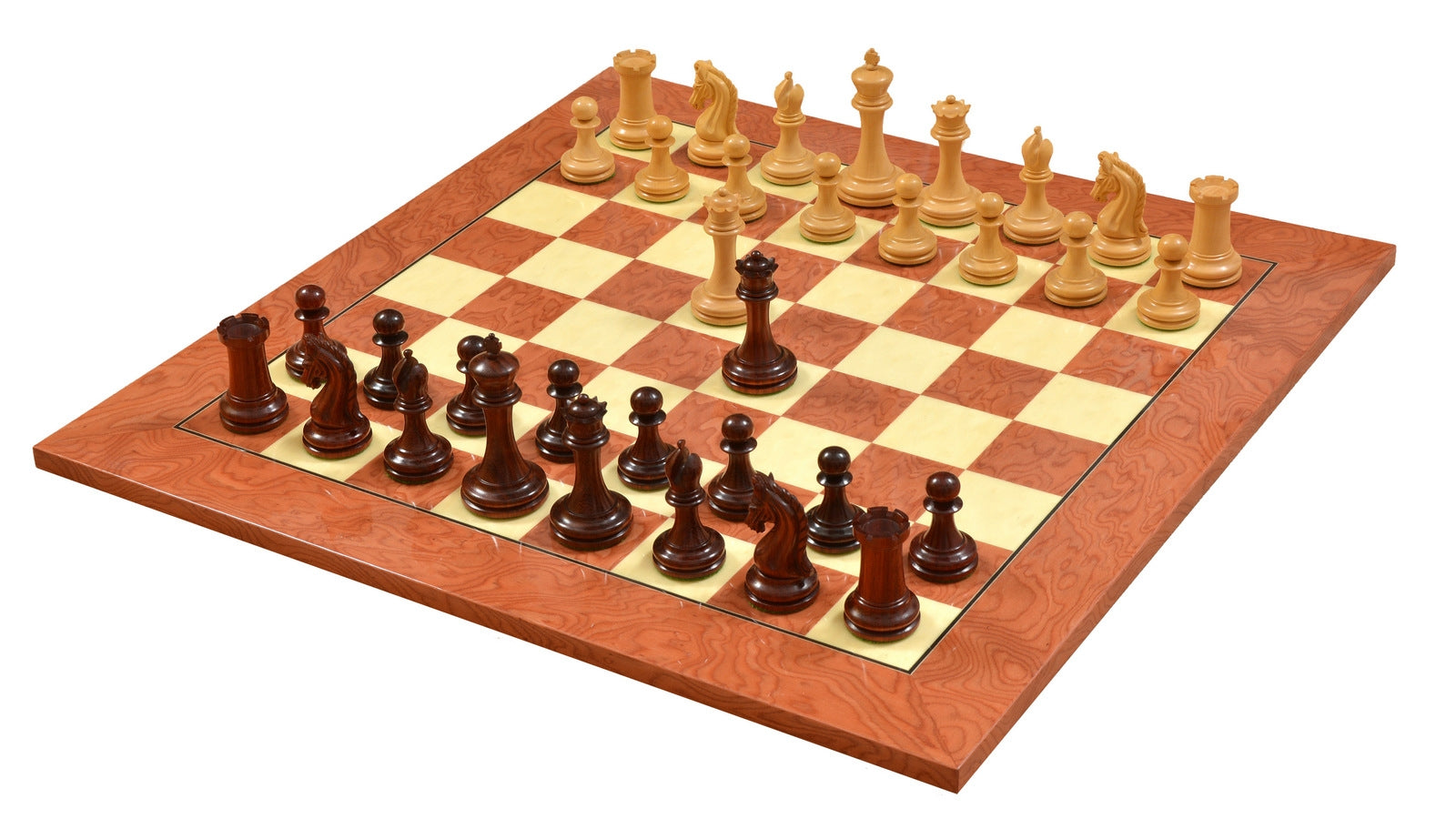 Imperial Collector Chess Set V2.0 in Bud Rosewood/Boxwood with Red Ash Burl Board - 3.75" King with Board