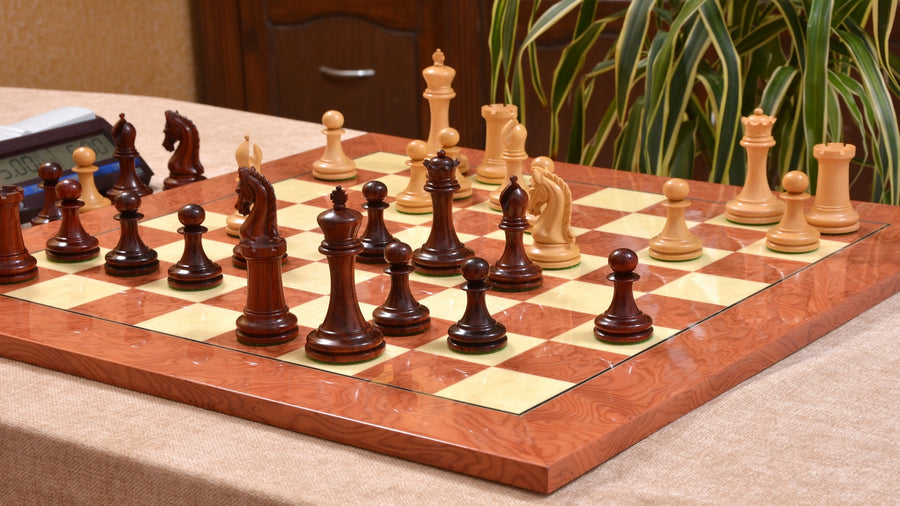 Imperial Collector Chess Set V2.0 in Bud Rosewood/Boxwood with Red Ash Burl Board - 3.75" King with Board