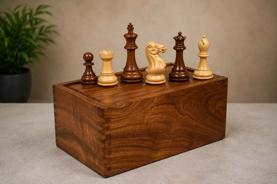 Desert Gold Series Chess Pieces in Sheesham / Boxwood - 4.0" King with Box