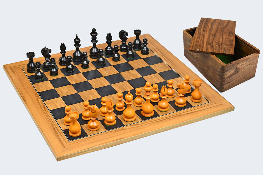 Repro Dublin Calvert Chess Pieces in Ebonized/Antiqued Boxwood with Chessboard & Box - 4.1" King